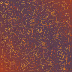  Flower texture. Contour image of buds, flowers, stems and leaves. The contour is made of a gold gradient. Background dark gradient. Vector illustration.
