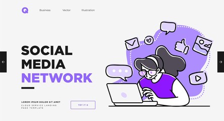 Presentation slide template or landing page website design. Business concept illustrations. Modern flat outline style. Online media