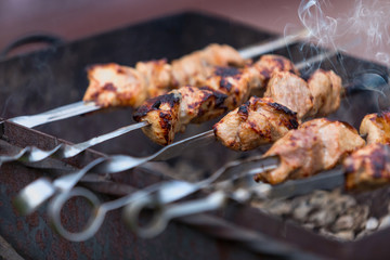 Shish kebab cooking on the barbecue in nature. Selective focus.