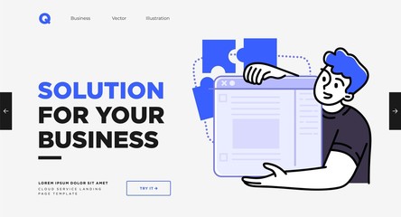 Presentation slide template or landing page website design. Business concept illustrations. Modern flat outline style. Research innovations and solutions - obrazy, fototapety, plakaty