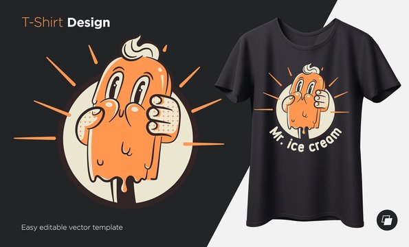 Vintage ice cream. Prints on T-shirts, sweatshirts, cases for mobile phones, souvenirs. Isolated vector illustration on black background.