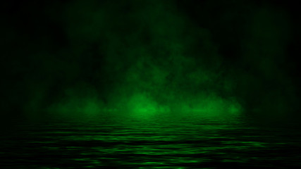 Green rolling billows of smoke mist clouds from ice across the bottom light with reflection in water.