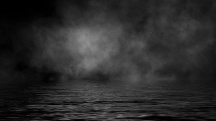 Mistery coastal fog . Smoke on the shore . Water reflection. Design element
