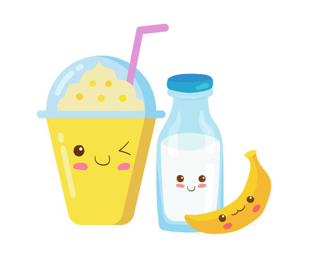 Iced Fruits & Vegetables Smoothie in a plastic cup with rich foam. Vector kawaii drink illustration in cute cartoon style isolated on white background. Banana with milk in glass healthy smoothie. 
