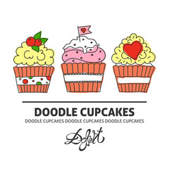 A vector template with doodle cupcakes and a Dessert lettering. Freehand outline food vector desing for a flyer or a poster.