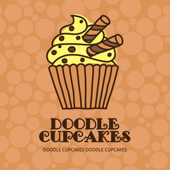 A vector template with doodle cupcakes. Freehand outline food vector desing for a flyer or a poster.