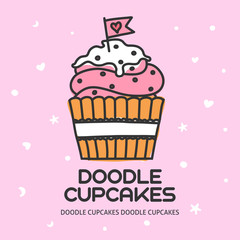 A vector template with doodle cupcakes. Freehand outline food vector desing for a flyer or a poster.