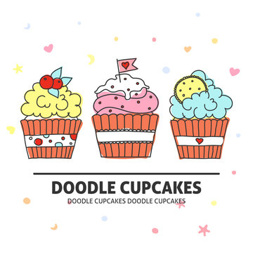 A vector template with doodle cupcakes and a Dessert lettering. Freehand outline food vector desing for a flyer or a poster.