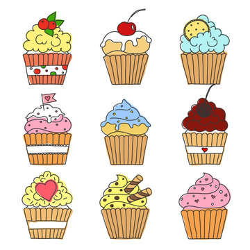 A set of vector doodle images of isolated cupcakes. Freehand outline food vectors. 