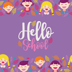 School greeting card with seamless border - leaves, pupil, boy, girl