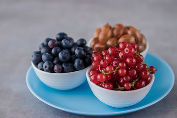 Fresh berries in white bowls on a blue plate and gray background. Blueberries, gooseberries and red currants. Top view.