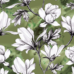 White magnolia flower and leaves painted in black pencil in vintage graphic style on watercolor seamless background, wallpaper, textile, wrapping paper