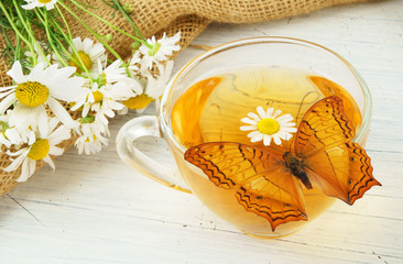 Camomile tea with camomile flowers and butterfly on white table