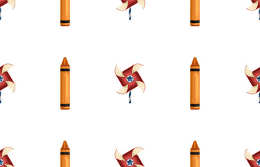 Crayons and paper windmill seamless pattern.