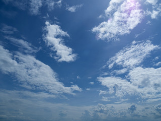 Fototapeta premium Sunny background, blue sky with white clouds and sun, Natural landscape