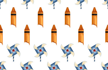 Crayons and paper windmill seamless pattern.