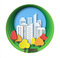 Paper landscape art style in autumnal city and park. Layered design outdoor recreation. Bench by the tree. Abstract circular background with skyscrapers and colorful trees.