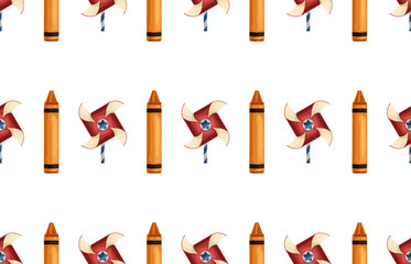 Crayons and paper windmill seamless pattern.