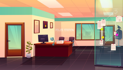 Evidence board in police station interior with glass door, table, computer, paper piles and mannequin with policeman uniform, crime investigation department empty room. Cartoon vector illustration