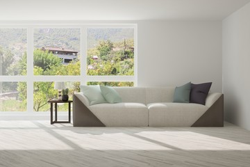 Stylish room in white color with sofa and summer landscape in window. Scandinavian interior design. 3D illustration