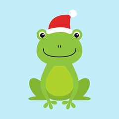 Funny and cute sitting frog wearing Santa s hat for Christmas and smiling - vector.
