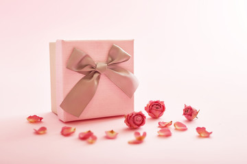 Valentine day composition, gift boxes with flowers, banner. Template greeting card for Valentine's Day. Space for text. Postcard for mother's day and women's day, Birthday. 