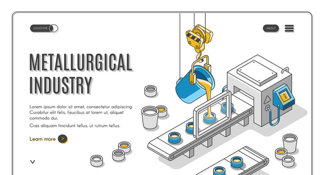 Metallurgical Industry Company Isometric Web Banner With Pouring Molten Metal From Steel Ladle In Molds On Conveyor Belt. Modern Foundry Factory Or Plant 3d Vector Landing Page Template, Line Art