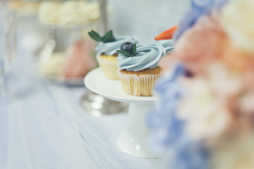 Home-made vanilla muffins with fresh berries on a stand. Zefir. A festive table. A sweet table.