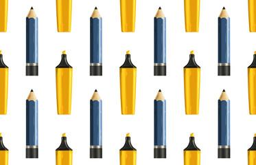 Seamless back to school pattern with colored markers and rulers.