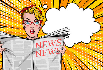Pretty woman reading tabloid newspaper with anxious and scared face expression, fake news, panic, shocking stories, scaremongering. Vector illustration in pop art style.
