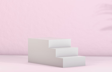 3d rendering. Natural beauty backdrop with white stairs for cosmetic product display. fashion beauty pink color background.