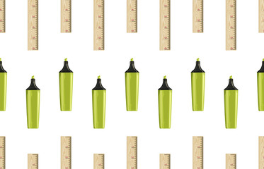 Seamless back to school pattern with colored markers and rulers.