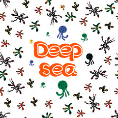 Hand drawn underwater natural elements. A sketch of the reef corals and fish swimming the background. color illustration with deep sea lettering.