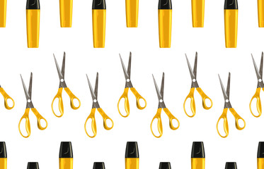 Bright back to school seamless pattern with highlighters and pairs of scissors.