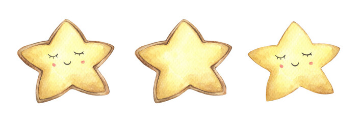 Obraz premium Set of Smile face cookies in the shape of star. Isolated on white background. Hand drawn watercolor delicious cookies. Food illustration.