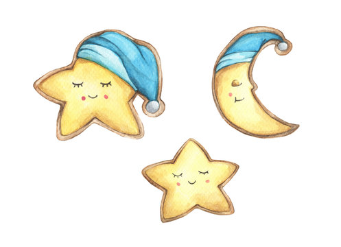 Set of Smile face cookies in the shape of star and crescent. Isolated on white background. Hand drawn watercolor delicious cookies. Food illustration.