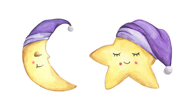 Sleepy half moon and little star in purple nightcap. Isolated on white background. Hand drawn watercolor illustration.