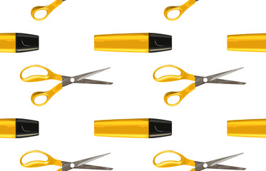 Bright back to school seamless pattern with highlighters and pairs of scissors.