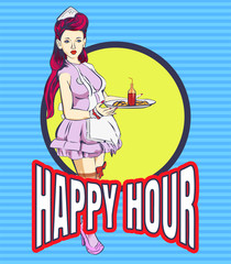 Waitress with a tray. Happy hour. Cocktail glass. Vector design template