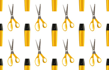 Obraz premium Bright back to school seamless pattern with highlighters and pairs of scissors.