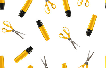 Bright back to school seamless pattern with highlighters and pairs of scissors.