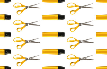 Bright back to school seamless pattern with highlighters and pairs of scissors.
