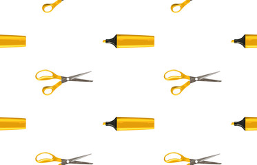 Bright back to school seamless pattern with highlighters and pairs of scissors.