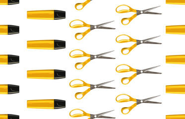 Bright back to school seamless pattern with highlighters and pairs of scissors.