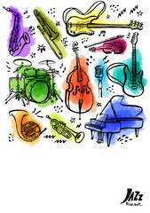 Hand drawn music instruments. Vertical banner or poster. Ink style vector illustration with watercolor stains on white background.