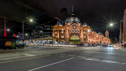 Beautiful night view of Flinders Street and Railway Station, Melbourne, Australia