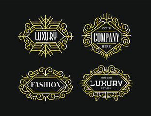 Beautiful Set Vintage Ornament Golden Exclusive Line Art Minimalist Badges Luxury Label Design Elements