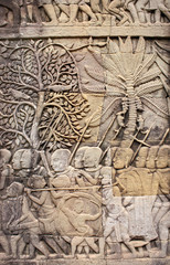 Plakat Wall carving of Prasat Bayon Temple, Angkor Wat complex, Siem Reap, Cambodia