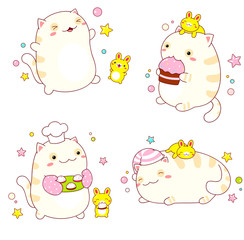 Set of stickers with cute friends - cat and rabbit