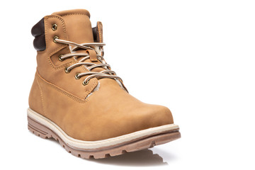 yellow men's boot from nubuck leather, on a white background, autumn or winter shoes, isolate